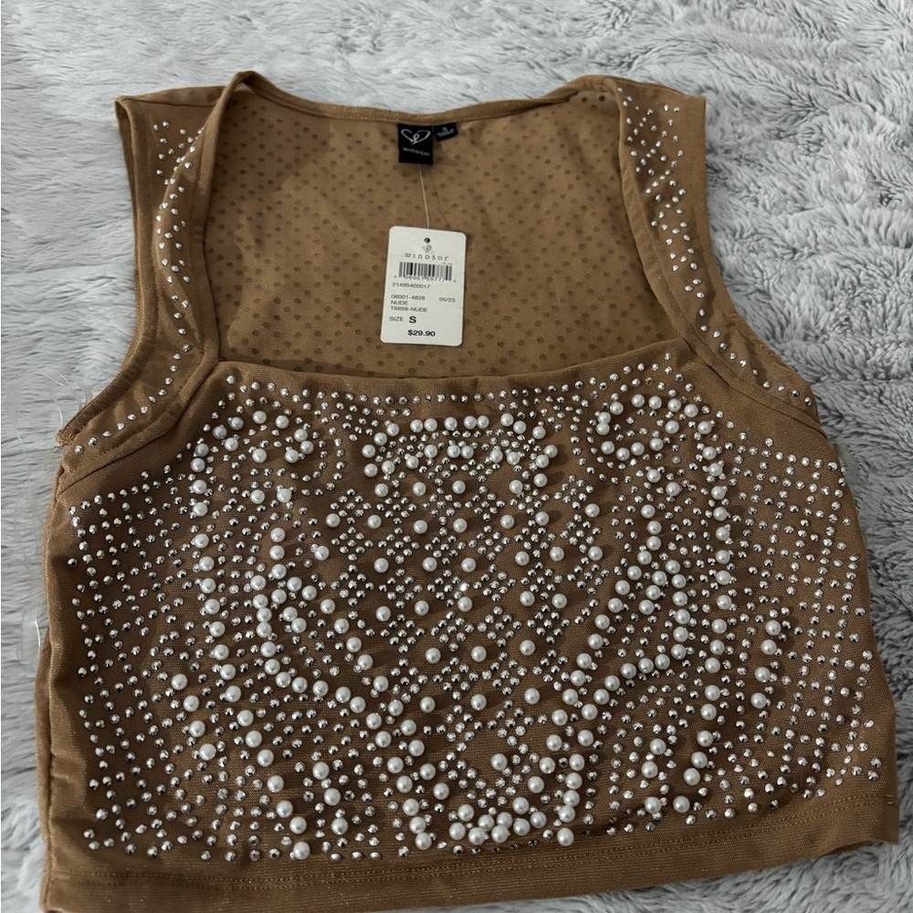 Windsor Pearl Embellished Brown Crop Top